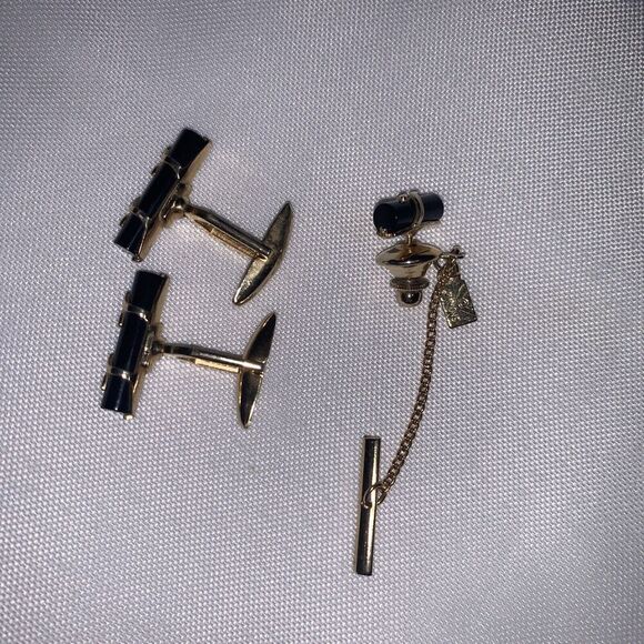 Men’s Set Of Black Bars Thin Design Quality Vintage EMMONS Cuff Links And Pin. - Picture 5 of 8